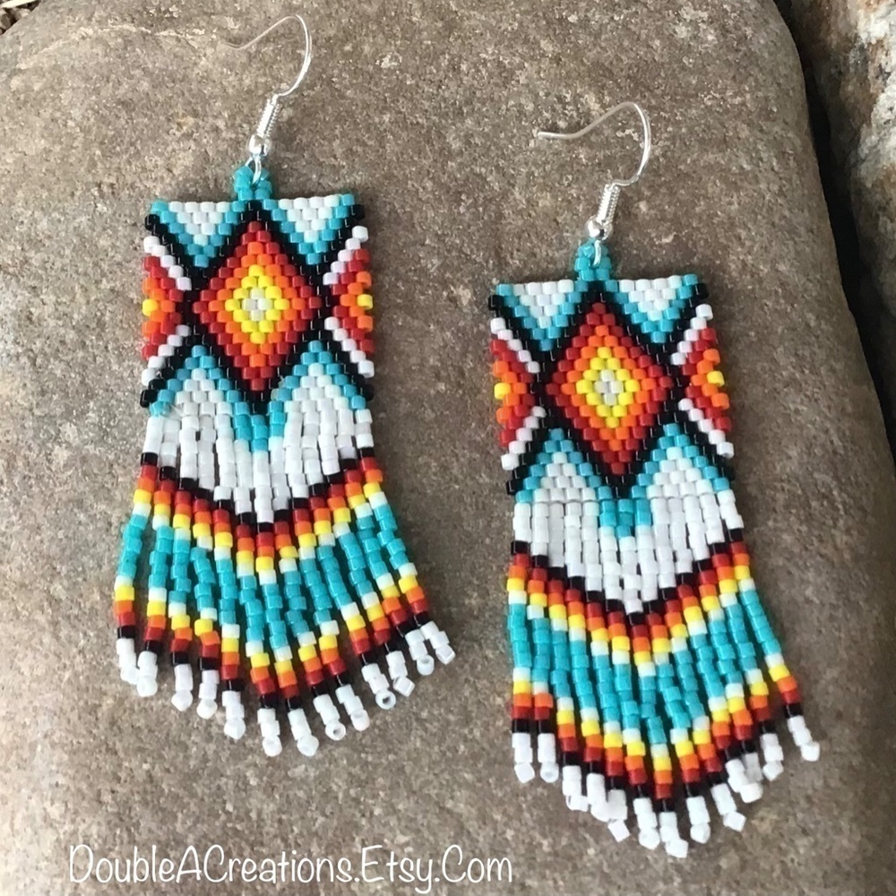 Native Diamond Beaded Earrings, New, Handmade by Me - Picture 4 of 4